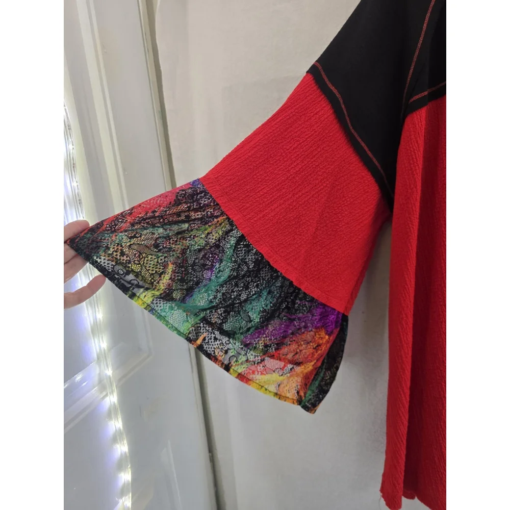 Calessa Black/red Stretchy Tunic Shirt 3/4sleeve Lace Detail. Ladies Sz 2x - Picture 3 of 10